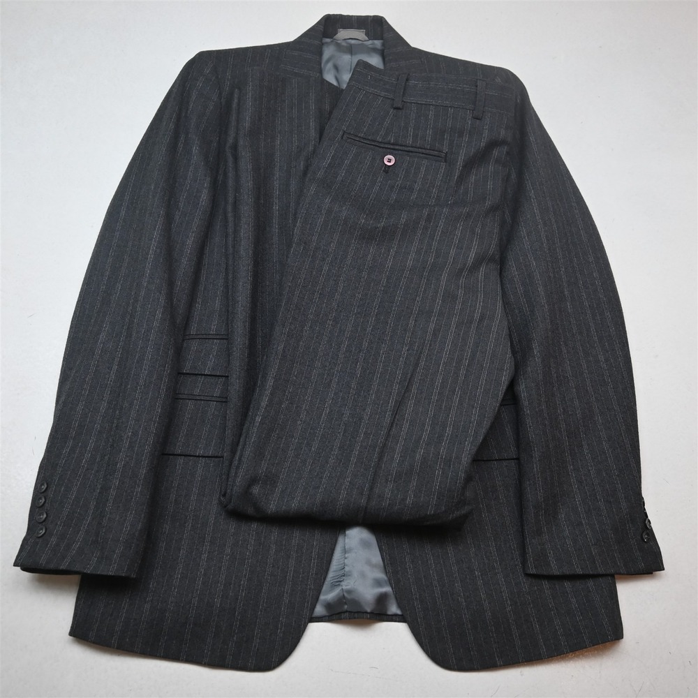 Vtg Bespoke 38L 34x34 Gray Flannel Striped Wool Flare Mens Jacket Pants Suit